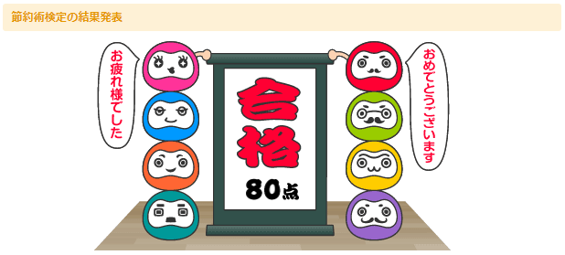 節約術検定の本人保存Web結果画面。合格80点の表示