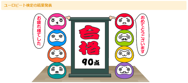ユーロビート検定の本人保存Web結果画面。合格・90点