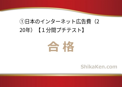 日本のインターネット広告費（2020年）1分間プチテスト①の保存合格結果画面