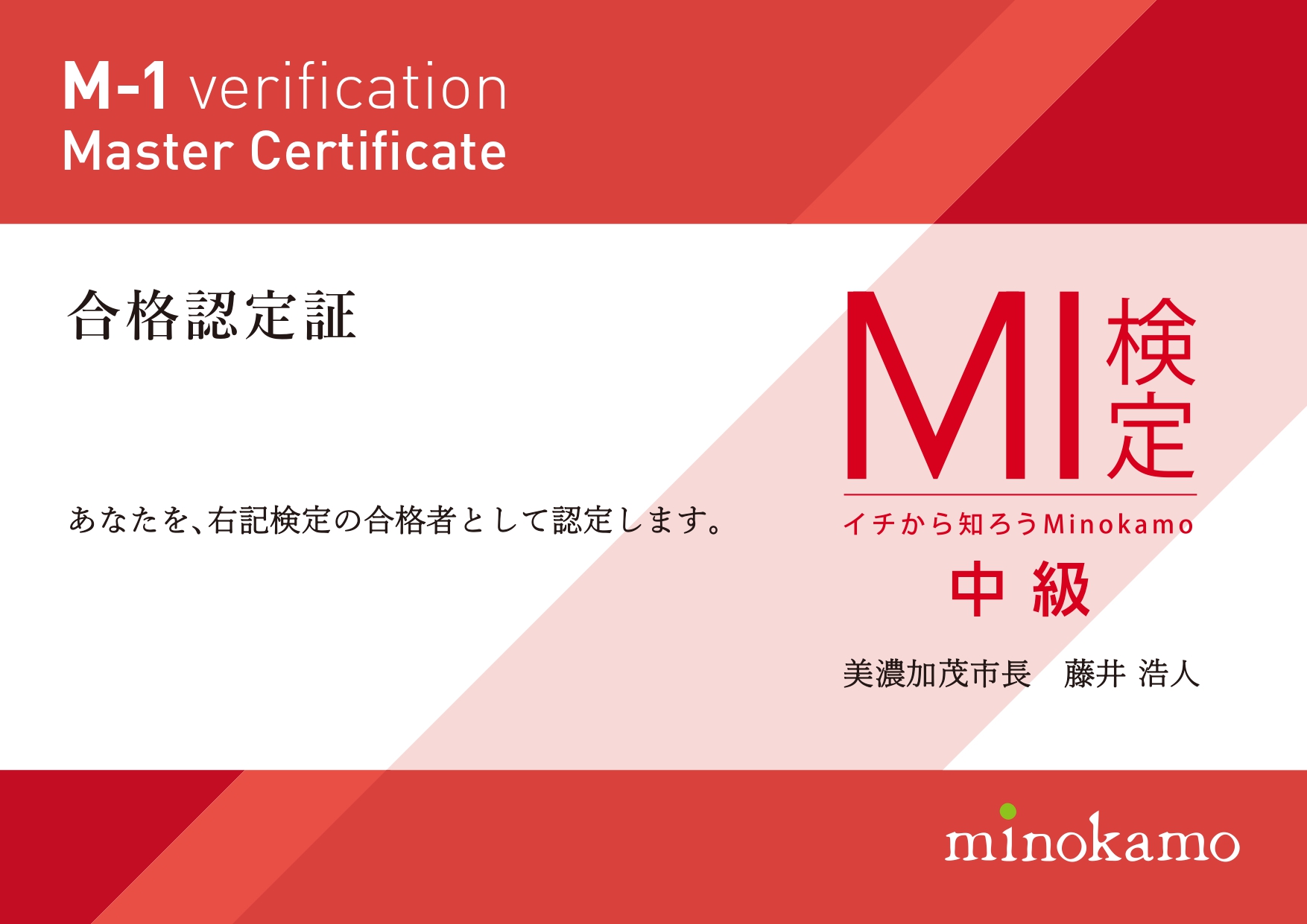 M-1検定中級の本人保存合格認定証。中級の表示